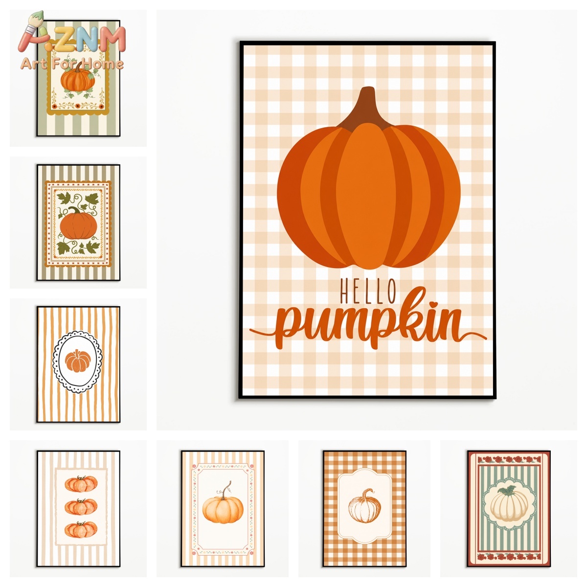 Geometric Wall Art - AZNM Plaid Striped Hello Pumpkin Letter